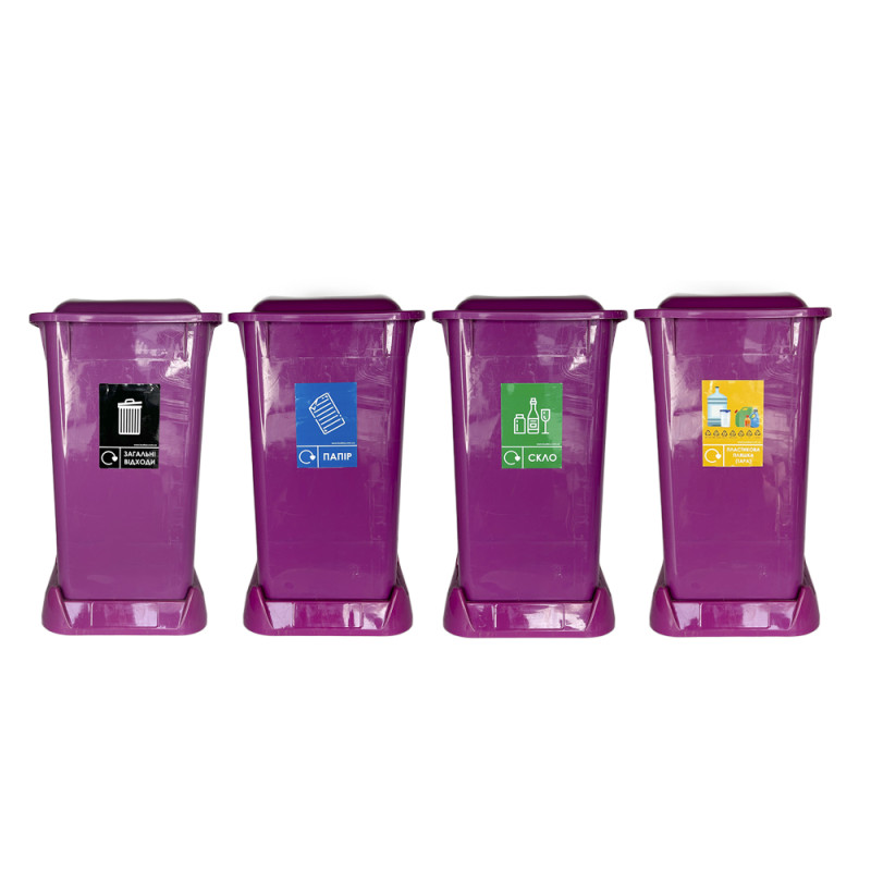 Будкрам купити Контейнери для сортування сміття, 4 баки х70Л, з кришкою, пластик, фуксія Afacan Plastik