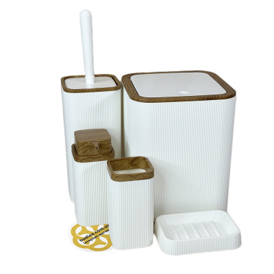 Будкрам купить Набор аксессуаров для ванной комнаты STELLA 5в1, белый с ободком дерево OKYANUS