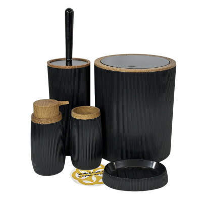 Будкрам купити Набір аксесуарів для ванної кімнати ROUND 5в1, круглий, чорний, обідок дерево OKYANUS