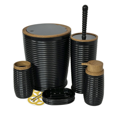 Будкрам купить Набор аксессуаров для ванной комнаты ELEGANCE 5в1, круглый, черный, ободок дерево OKYANUS