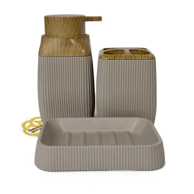 Будкрам купить Набор аксессуаров для ванной комнаты STRIPED 5в1, квадратный, мокко, ободок дерево OKYANUS Набор аксессуаров для ванной комнаты STRIPED 5в1, квадратный, мокко, ободок дерево OKYANUS 2