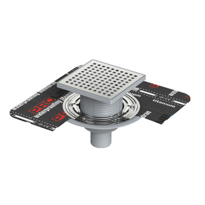 Будкрам купити Душовий трап двокорпусний 15х15 см з притискним фланцем, вертикальний Ø100 мм, грати квадрат Sanpreis